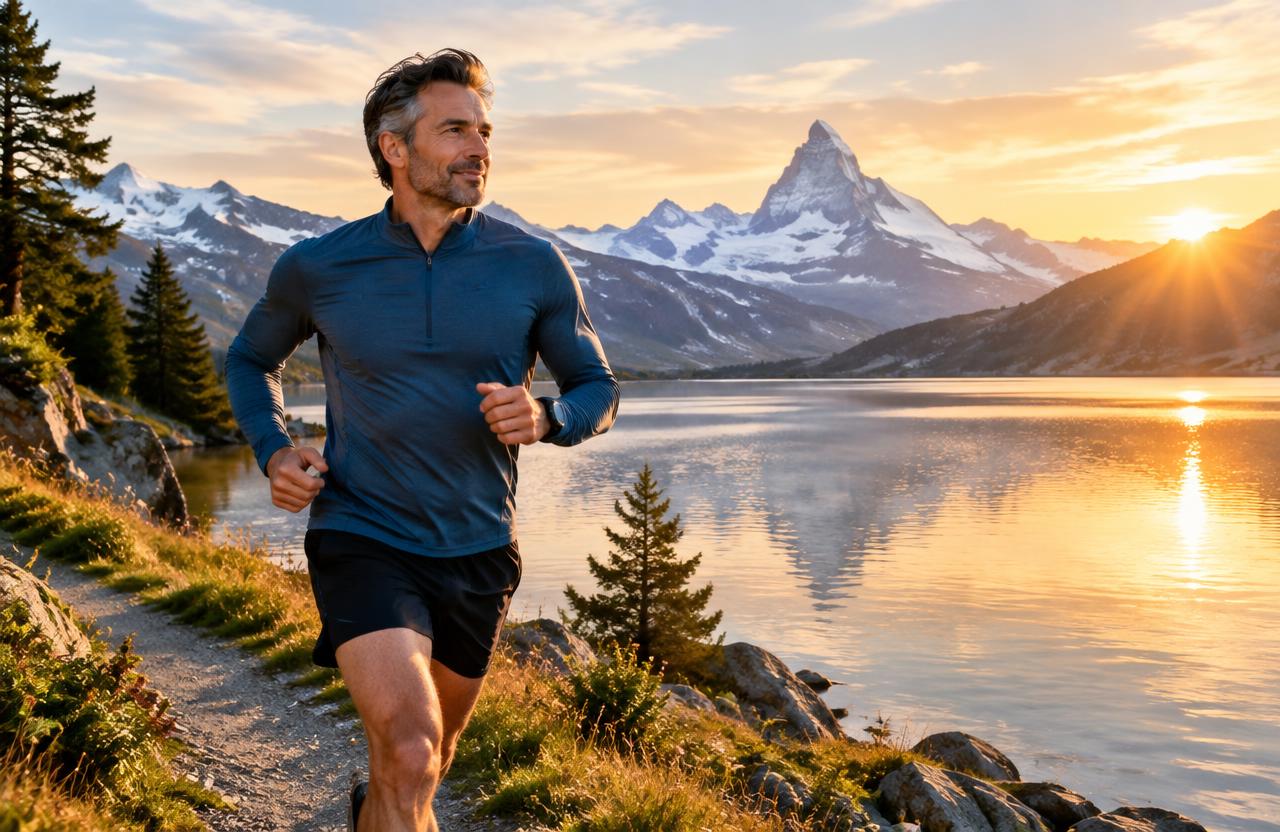 Mann beim Joggen an einem Bergsee bei Sonnenaufgang