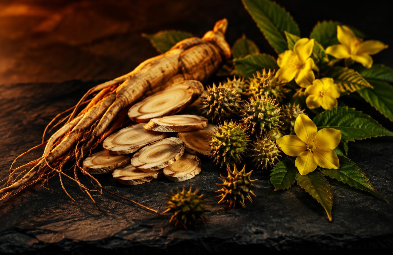 Ginsengwurzel, Tribulus-Früchte und Damiana-Blüten